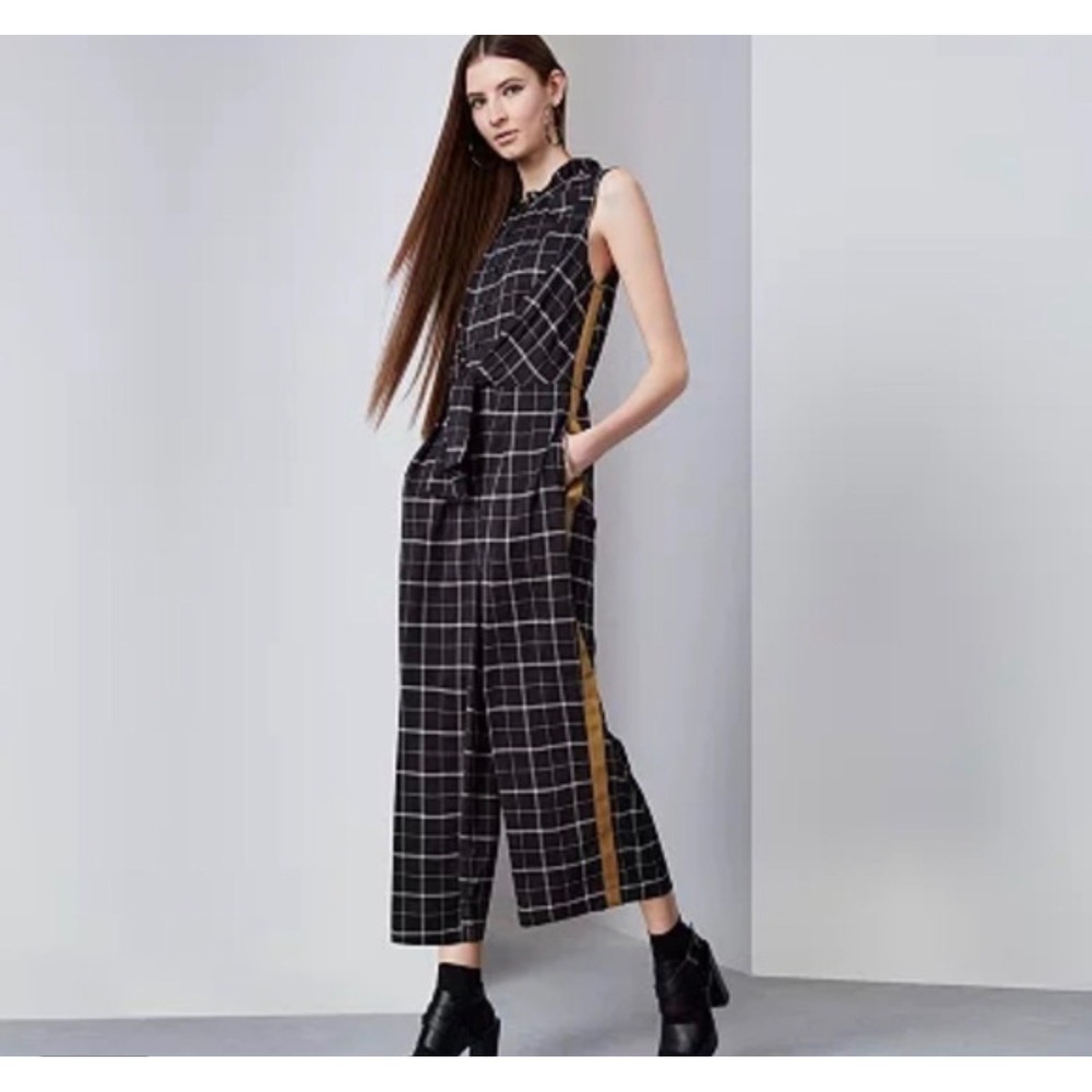 Simply Vera Vera Wang Black Plaid Tie Front Wide Leg Jumpsuit XXL Side Stripe